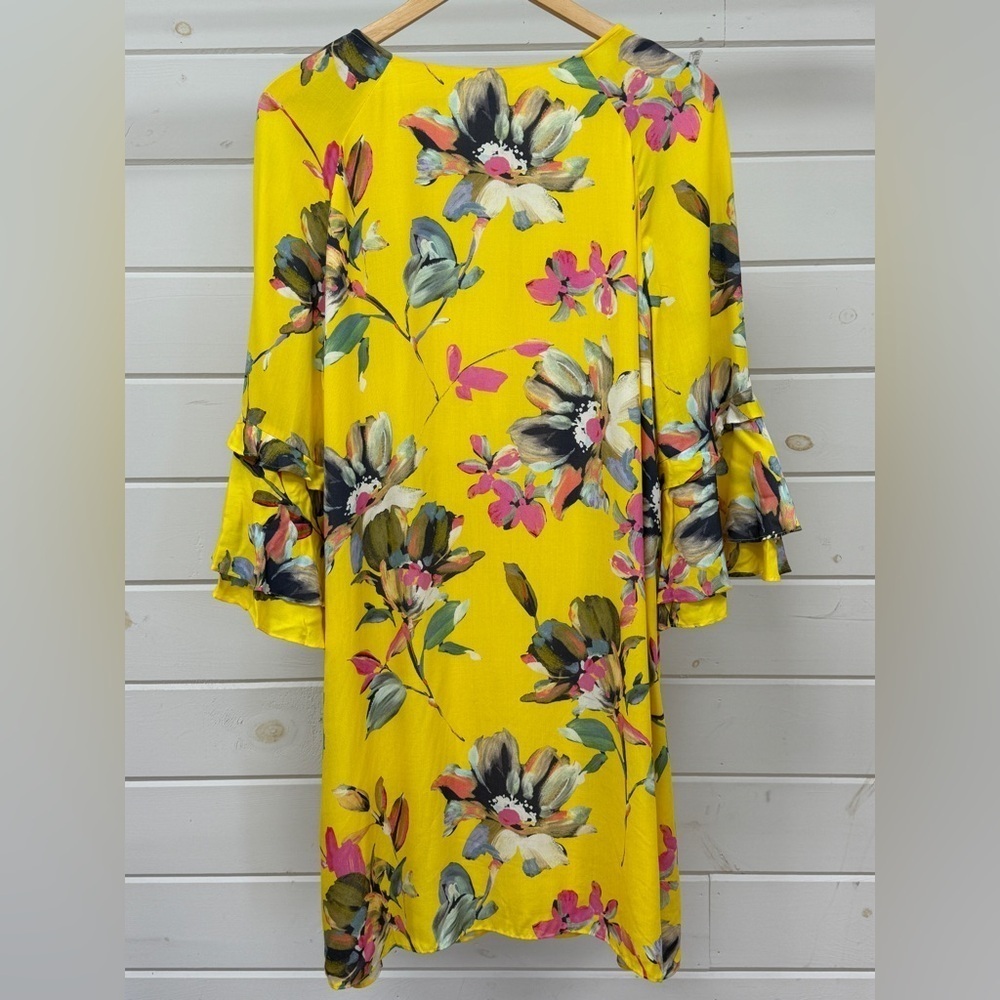 Gianni Bini Dandy Yellow Floral Dress Ruffle Flare Sleeves Women's Large - Picture 5 of 10